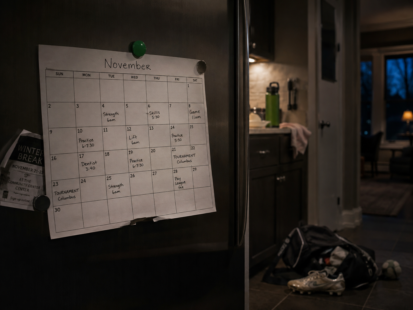 A family fridge with the month's practice and game schedule